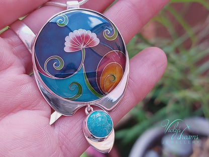 Vibrant color flower and tendrils with natural turquoise, sterling silver pendant, cloisonne enameled jewelry, handmade jewelry