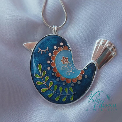 Vibrant color little bird, sterling silver pendant, cloisonne enameled jewelry