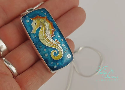 Vibrant colour seahorse, cloisonne enamel, silver necklace