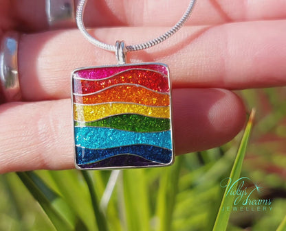 Vibrant color rainbow, sterling silver necklace, cloisonne enameled jewelry