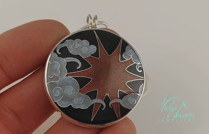 Copper Sun & Clouds, sterling silver necklace, cloisonne enameled jewelry