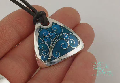 flower tendrills blue triangle, sterling silver pendant, cloisonne enameled jewelry