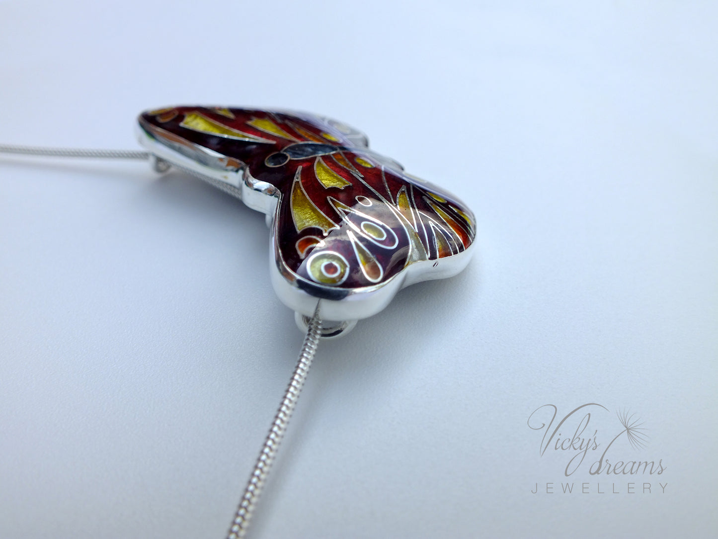 Red butterfly, sterling silver pendant, cloisonne enameled jewelry