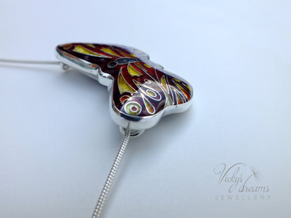 Red butterfly, sterling silver pendant, cloisonne enameled jewelry