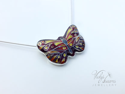 Red butterfly, sterling silver pendant, cloisonne enameled jewelry