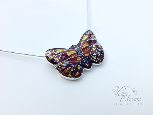 Red butterfly, sterling silver pendant, cloisonne enameled jewelry