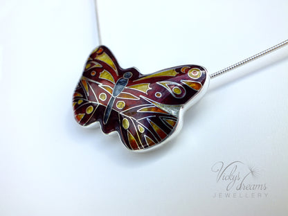 Red butterfly, sterling silver pendant, cloisonne enameled jewelry