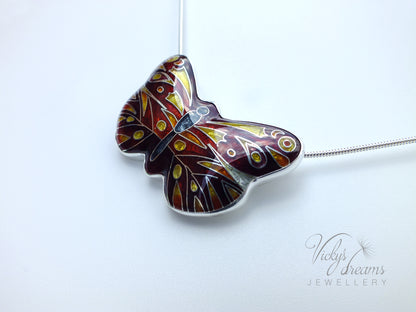 Red butterfly, sterling silver pendant, cloisonne enameled jewelry
