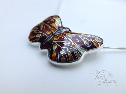 Red butterfly, sterling silver pendant, cloisonne enameled jewelry