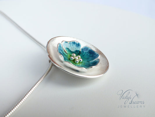 Vibrant color, flower, fine silver enamel necklace