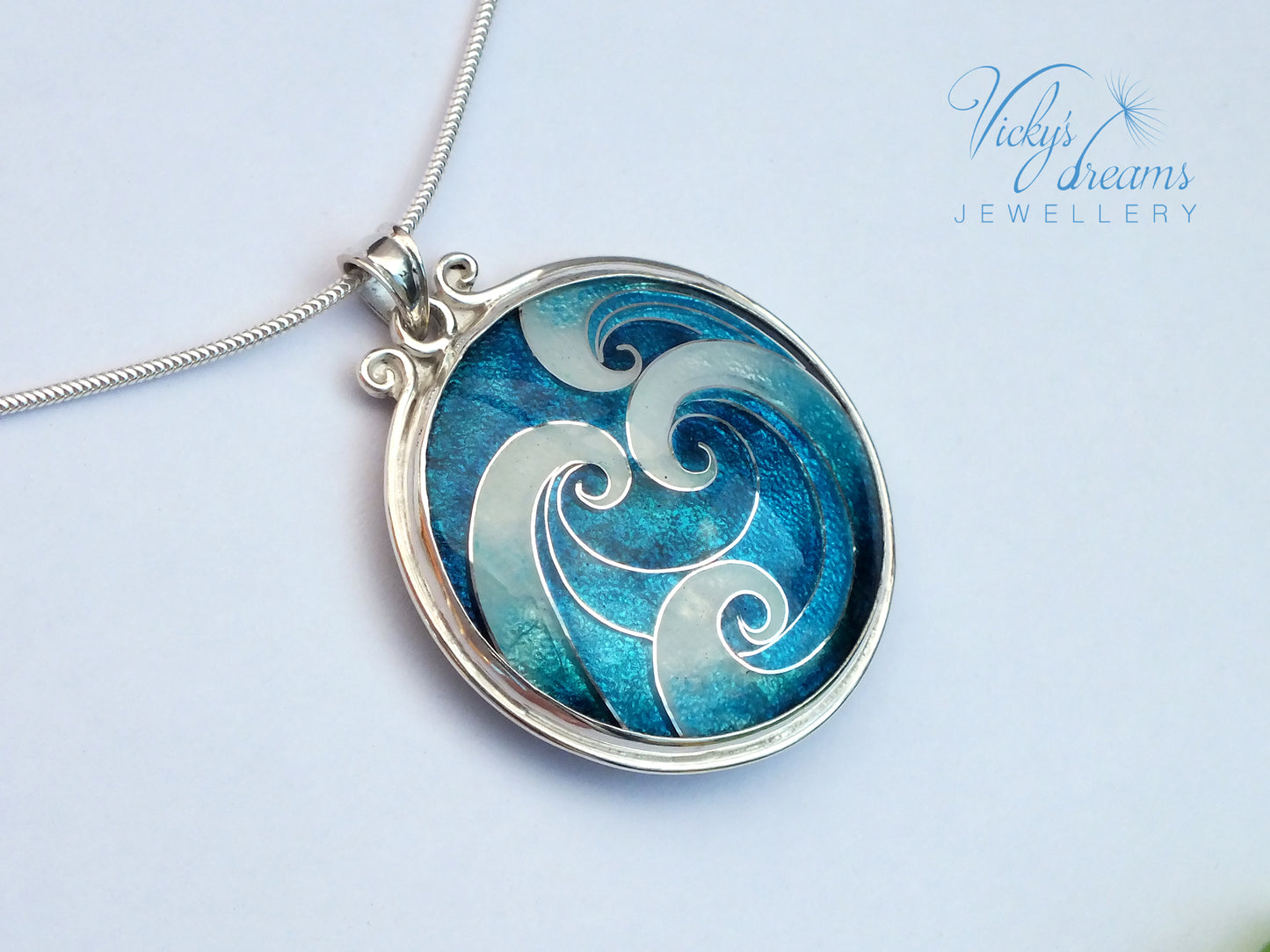 Bright Blue Cloisonne enamel sea waves pendant
