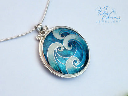 Bright Blue Cloisonne enamel sea waves pendant