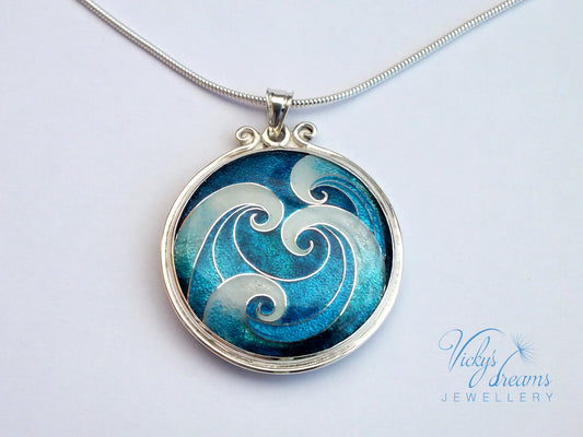Bright Blue Cloisonne enamel sea waves pendant