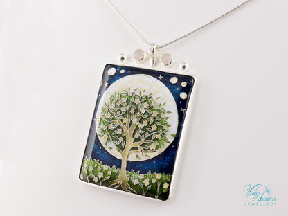 William Morris Inspired Virago Pendant necklace– Cloisonné Enamel, Polished Silver, Moon & Star Motif, Rainbow Moonstone, Handmade Jewelry