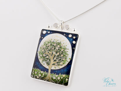 William Morris Inspired Virago Pendant necklace– Cloisonné Enamel, Polished Silver, Moon & Star Motif, Rainbow Moonstone, Handmade Jewelry