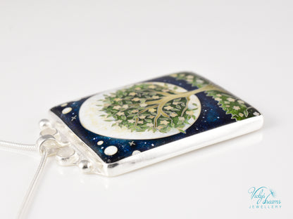 William Morris Inspired Virago Pendant necklace– Cloisonné Enamel, Polished Silver, Moon & Star Motif, Rainbow Moonstone, Handmade Jewelry