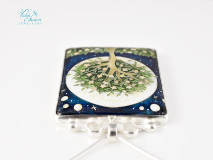 William Morris Inspired Virago Pendant necklace– Cloisonné Enamel, Polished Silver, Moon & Star Motif, Rainbow Moonstone, Handmade Jewelry