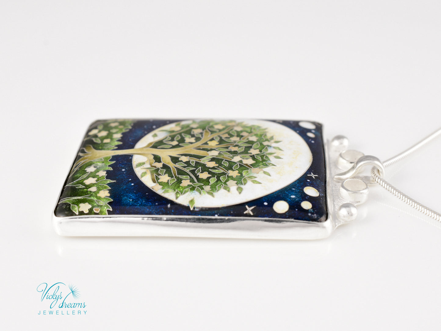 William Morris Inspired Virago Pendant necklace– Cloisonné Enamel, Polished Silver, Moon & Star Motif, Rainbow Moonstone, Handmade Jewelry