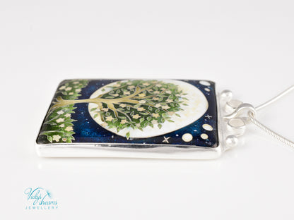 William Morris Inspired Virago Pendant necklace– Cloisonné Enamel, Polished Silver, Moon & Star Motif, Rainbow Moonstone, Handmade Jewelry