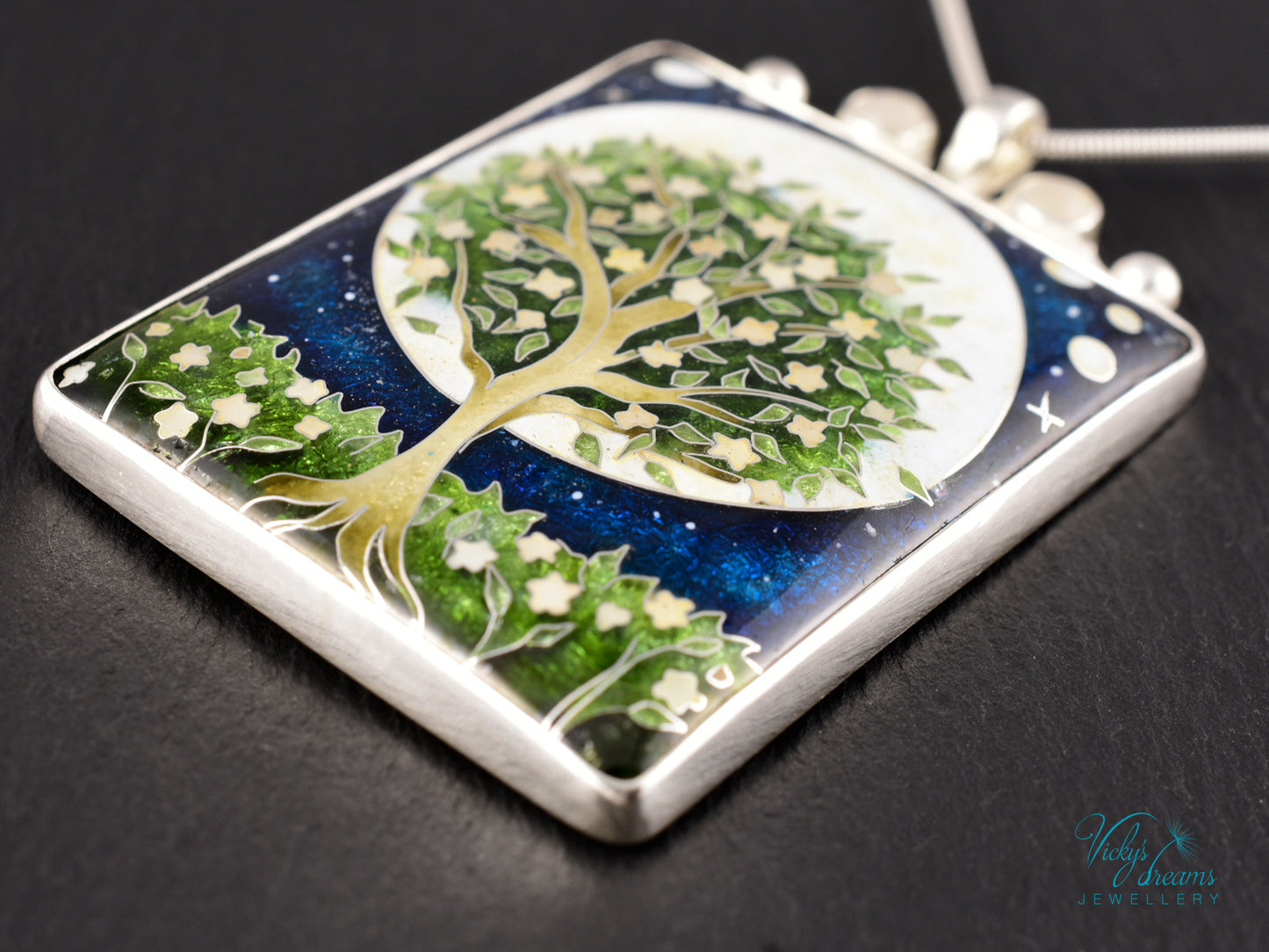 William Morris Inspired Virago Pendant necklace– Cloisonné Enamel, Polished Silver, Moon & Star Motif, Rainbow Moonstone, Handmade Jewelry