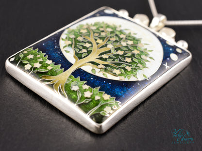 William Morris Inspired Virago Pendant necklace– Cloisonné Enamel, Polished Silver, Moon & Star Motif, Rainbow Moonstone, Handmade Jewelry
