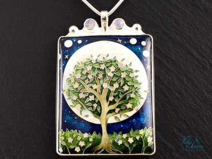 William Morris Inspired Virago Pendant necklace– Cloisonné Enamel, Polished Silver, Moon & Star Motif, Rainbow Moonstone, Handmade Jewelry