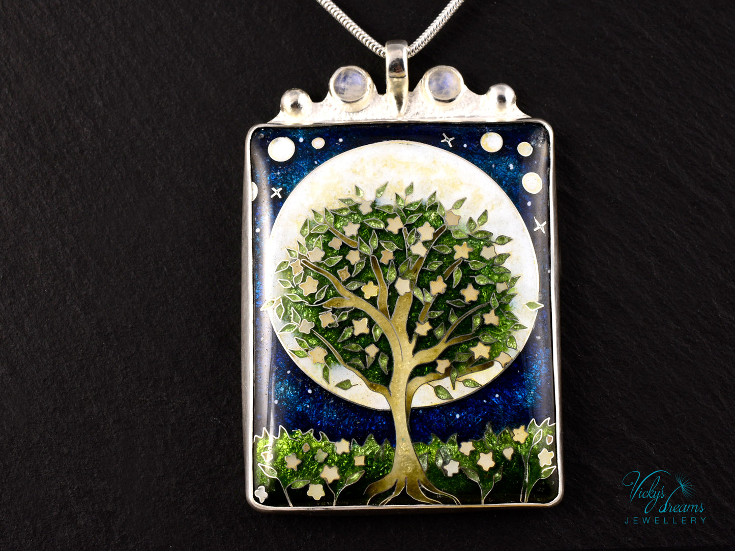 William Morris Inspired Virago Pendant necklace– Cloisonné Enamel, Polished Silver, Moon & Star Motif, Rainbow Moonstone, Handmade Jewelry