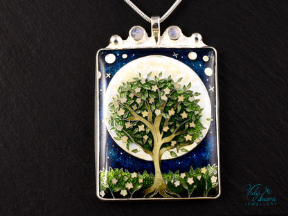 William Morris Inspired Virago Pendant necklace– Cloisonné Enamel, Polished Silver, Moon & Star Motif, Rainbow Moonstone, Handmade Jewelry