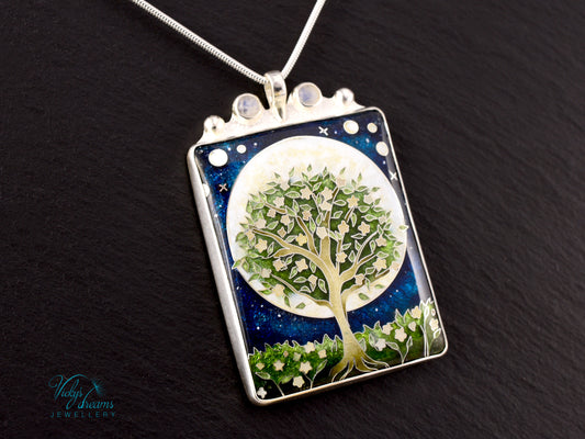 William Morris Inspired Virago Pendant necklace– Cloisonné Enamel, Polished Silver, Moon & Star Motif, Rainbow Moonstone, Handmade Jewelry
