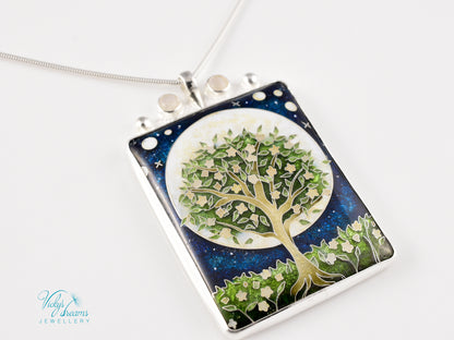 William Morris Inspired Virago Pendant necklace– Cloisonné Enamel, Polished Silver, Moon & Star Motif, Rainbow Moonstone, Handmade Jewelry