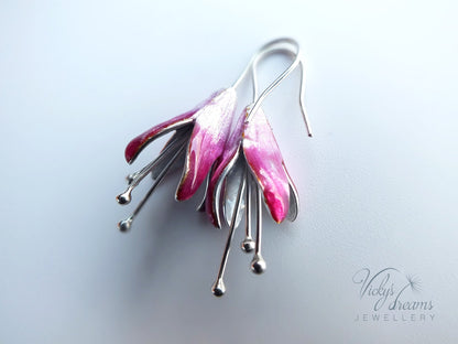 Special handmade, Bright pink Fuchsia flower,enameled fine silver earrings, springtime jewellery, dangle earrings