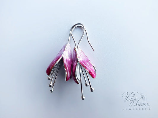 Special handmade, Bright pink Fuchsia flower,enameled fine silver earrings, springtime jewellery, dangle earrings