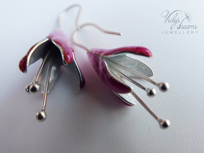 Special handmade, Bright pink Fuchsia flower,enameled fine silver earrings, springtime jewellery, dangle earrings