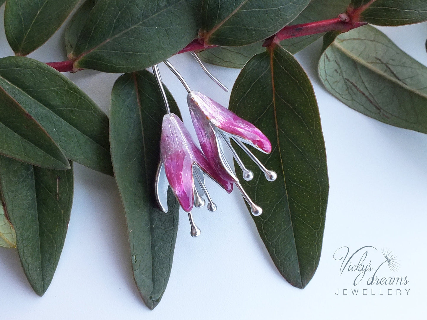 Special handmade, Bright pink Fuchsia flower,enameled fine silver earrings, springtime jewellery, dangle earrings