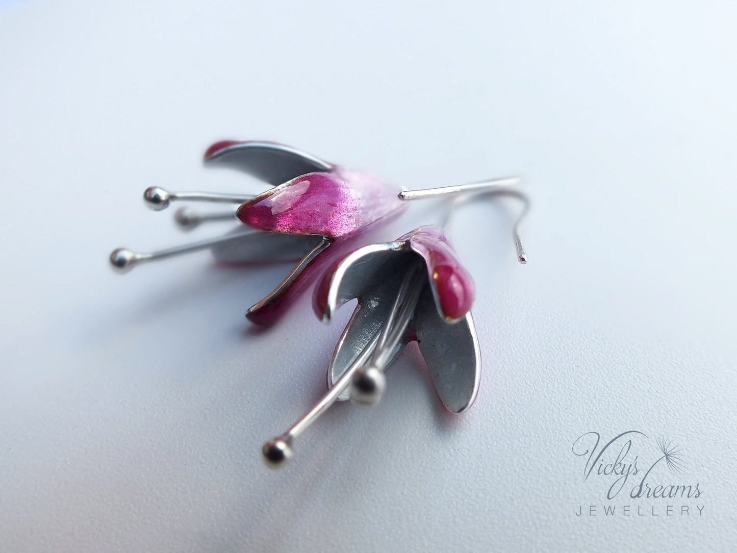 Special handmade, Bright pink Fuchsia flower,enameled fine silver earrings, springtime jewellery, dangle earrings