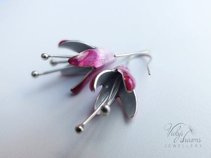 Special handmade, Bright pink Fuchsia flower,enameled fine silver earrings, springtime jewellery, dangle earrings