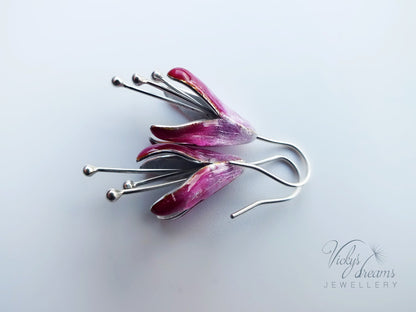 Special handmade, Bright pink Fuchsia flower,enameled fine silver earrings, springtime jewellery, dangle earrings