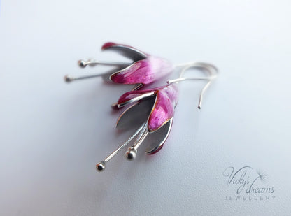 Special handmade, Bright pink Fuchsia flower,enameled fine silver earrings, springtime jewellery, dangle earrings