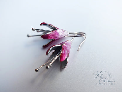 Special handmade, Bright pink Fuchsia flower,enameled fine silver earrings, springtime jewellery, dangle earrings