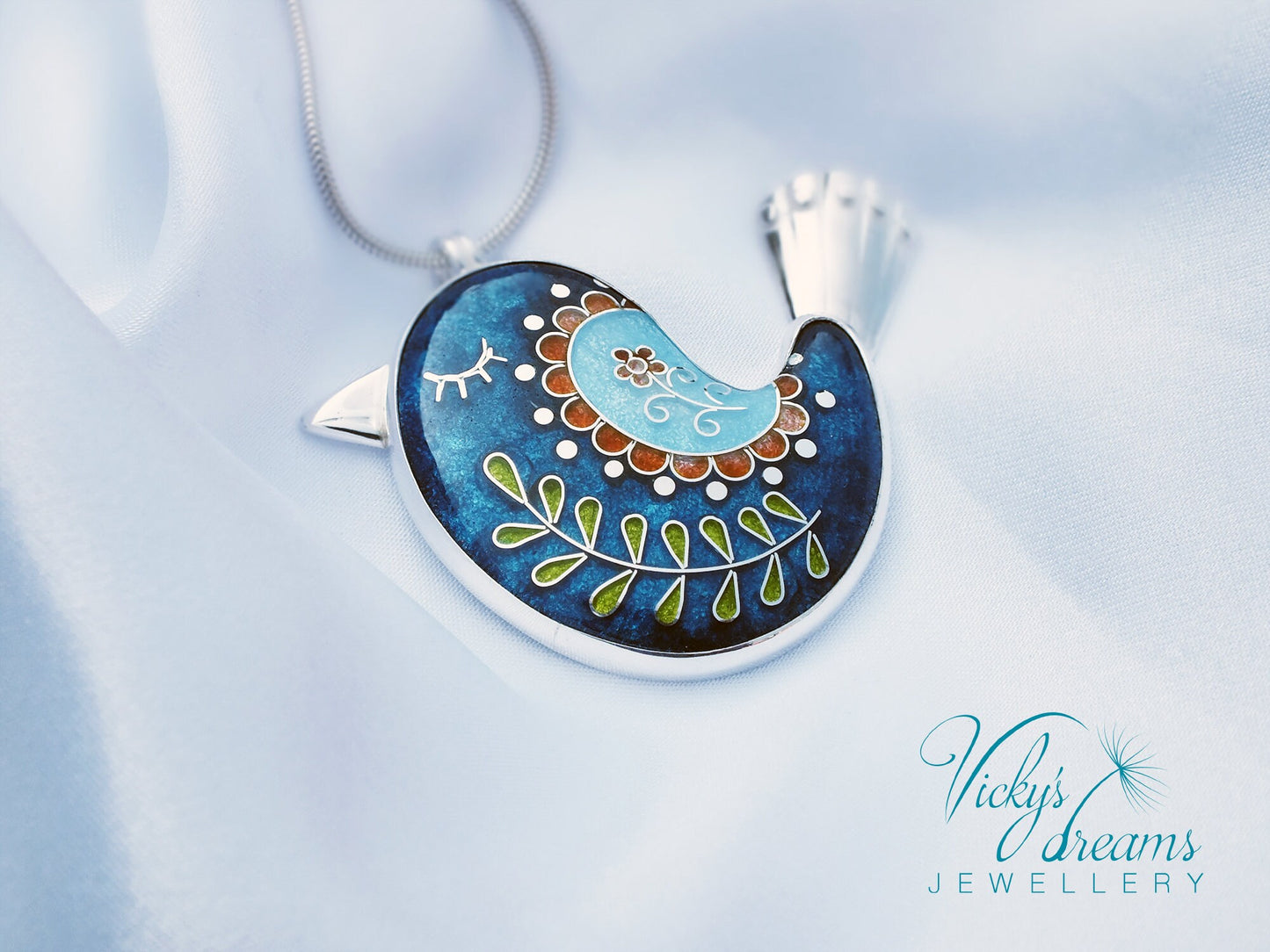 Vibrant color little bird, sterling silver pendant, cloisonne enameled jewelry