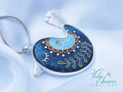 Vibrant color little bird, sterling silver pendant, cloisonne enameled jewelry