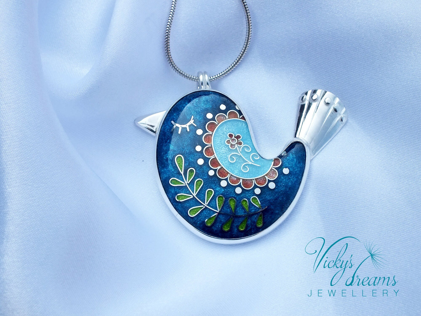 Vibrant color little bird, sterling silver pendant, cloisonne enameled jewelry