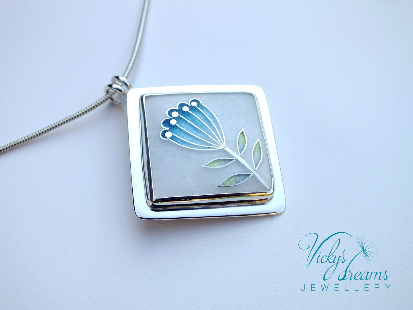 simple  little blue flower, sterling silver necklace, cloisonne enamel jewelry