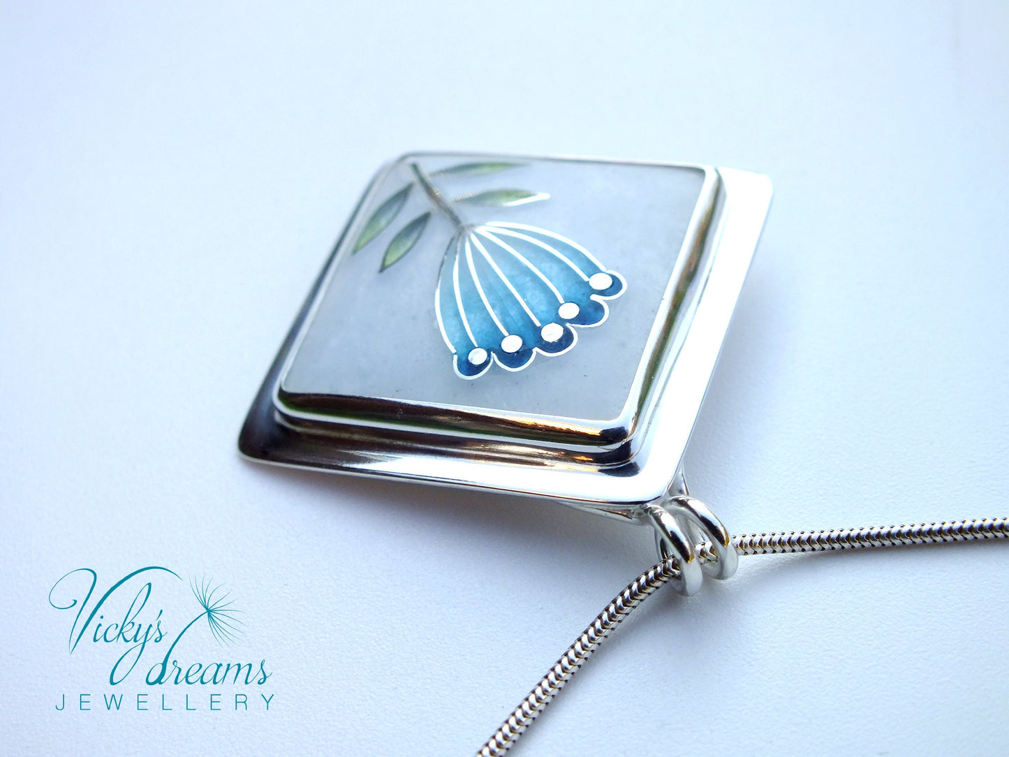 simple  little blue flower, sterling silver necklace, cloisonne enamel jewelry