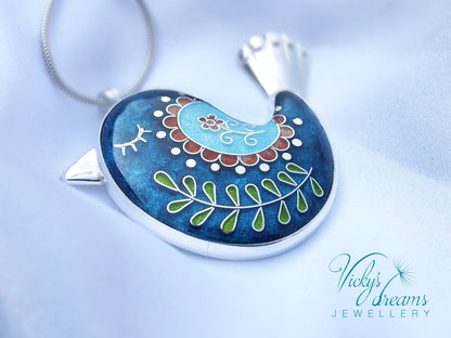 Vibrant color little bird, sterling silver pendant, cloisonne enameled jewelry