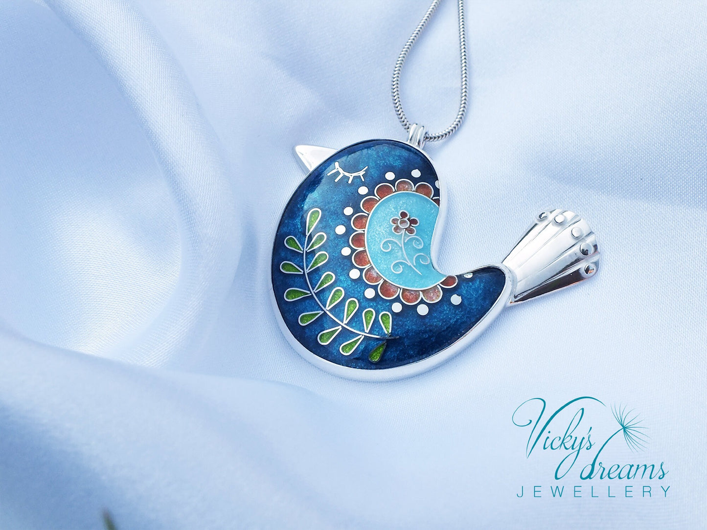 Vibrant color little bird, sterling silver pendant, cloisonne enameled jewelry