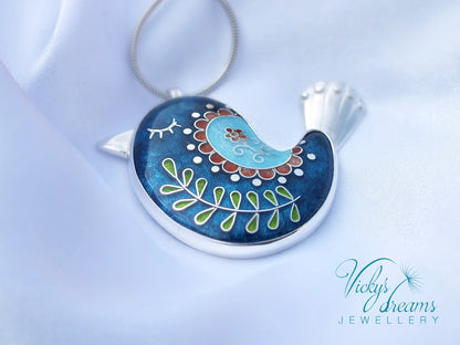 Vibrant color little bird, sterling silver pendant, cloisonne enameled jewelry