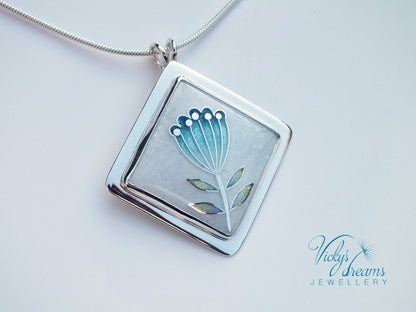 simple  little blue flower, sterling silver necklace, cloisonne enamel jewelry