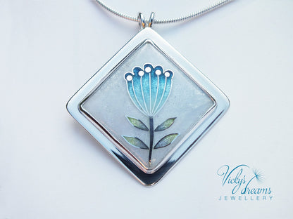 simple  little blue flower, sterling silver necklace, cloisonne enamel jewelry