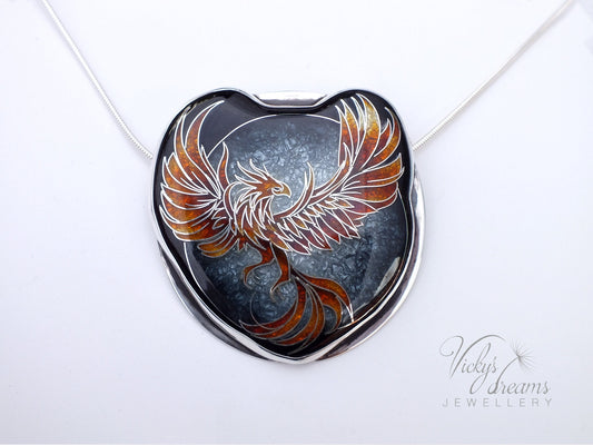 Vibrant color Phoenix bird, sterling silver pendant, cloisonne enameled jewelry, handmade jewelry